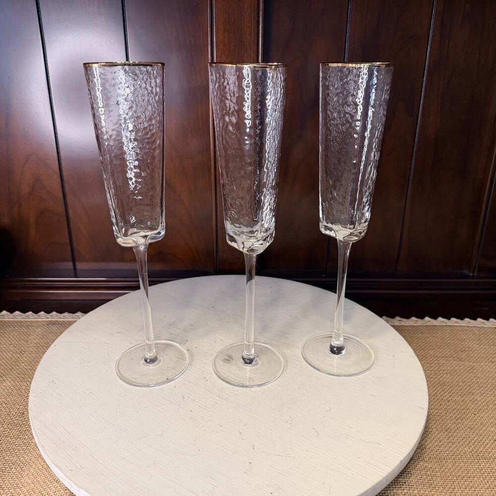 Zodax Aperitivo Triangular Champagne Flutes Hammer Gold Rims Stemware Set Of 3